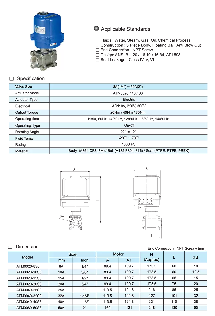 3piecescrewballvalveelectricautomacatalog Thông số kĩ thuật van bi lắp ren điều khiển bằng điện