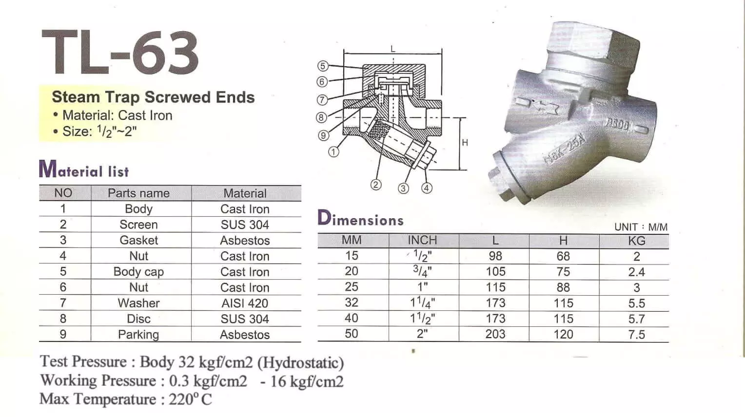 byhingtingangrentunglungtl63catalogue Thông số kĩ thuật của bẫy hơi đồng tiền
